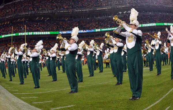 CSU Marching Band pictured performing at 2014 Denver Broncos Game