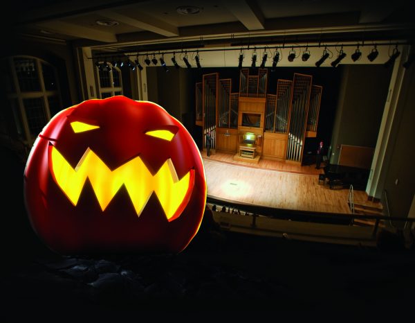 Organ Recital Hall pictured with pumpkin graphic