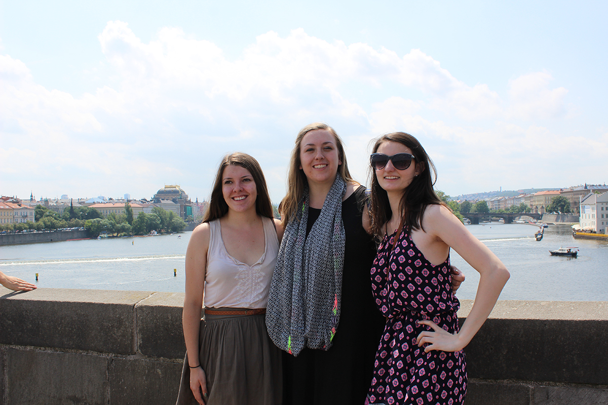 Emily Budd, Anyaleen Bradley and Megan Miller pictured on the Charles Bridge in Prague.