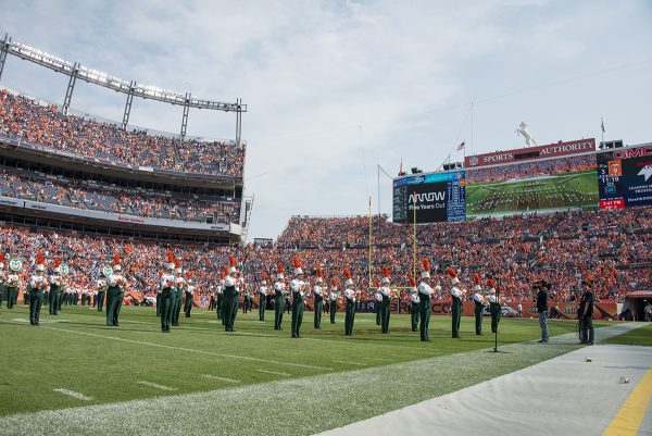 CSU Marching Band pictured performing at Mile High Stadium