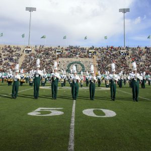 CSU Marching Band on the field at Hughes Stadium
