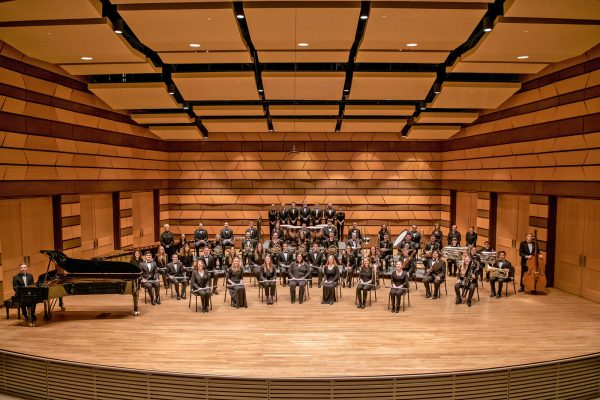 2020 Wind Symphony group photo on Griffin Concert Hall stage