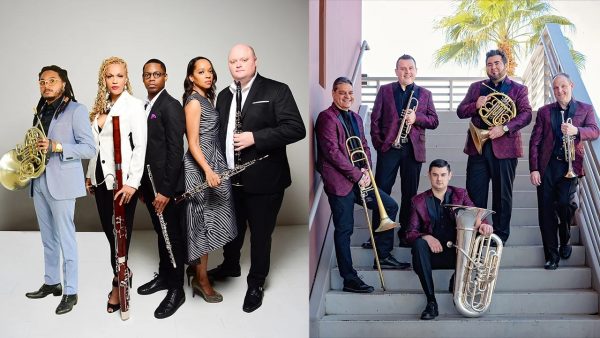 Promotional photos shown side by side Imani Winds and Boston Brass.